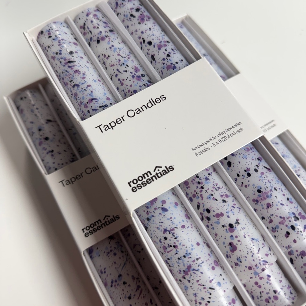 Room Essentials 6pk Modern White , Blue and Purple Speckle Taper Candles NIB